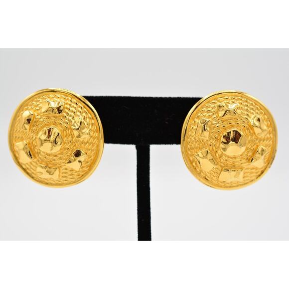 Christian Dior Vintage Earrings Textured Gold Round Chunky Signed 1980s BinAS - Picture 1 of 12